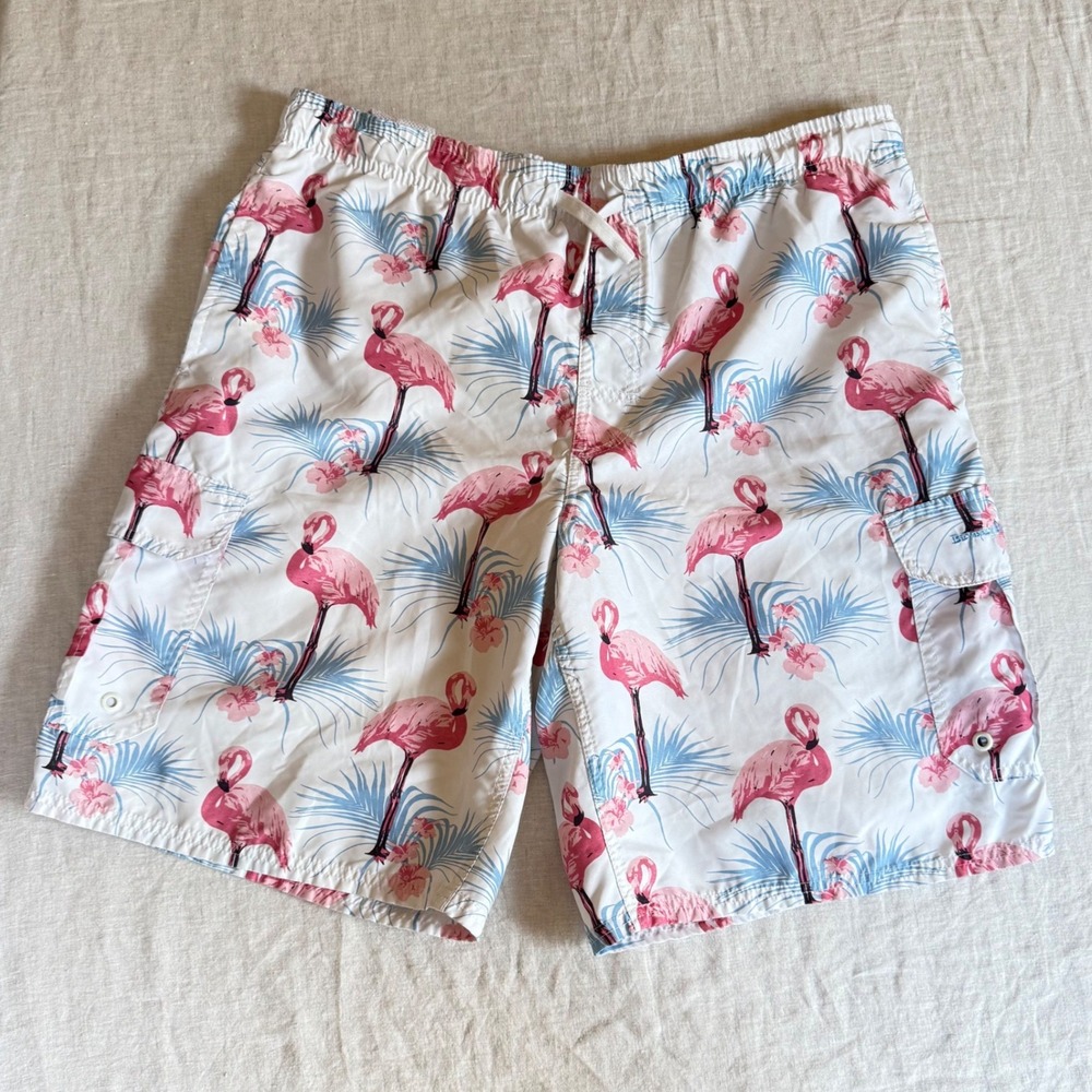 Beverly Hills Polo Club Swim Trunks Mens L White Flamingo Beachwear Cargo Short